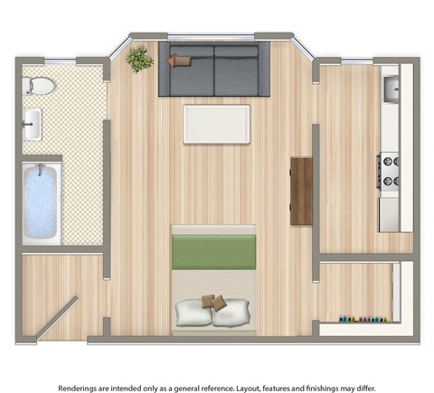 studio apartment floor plan rendering at the calverton apartments in washington dc